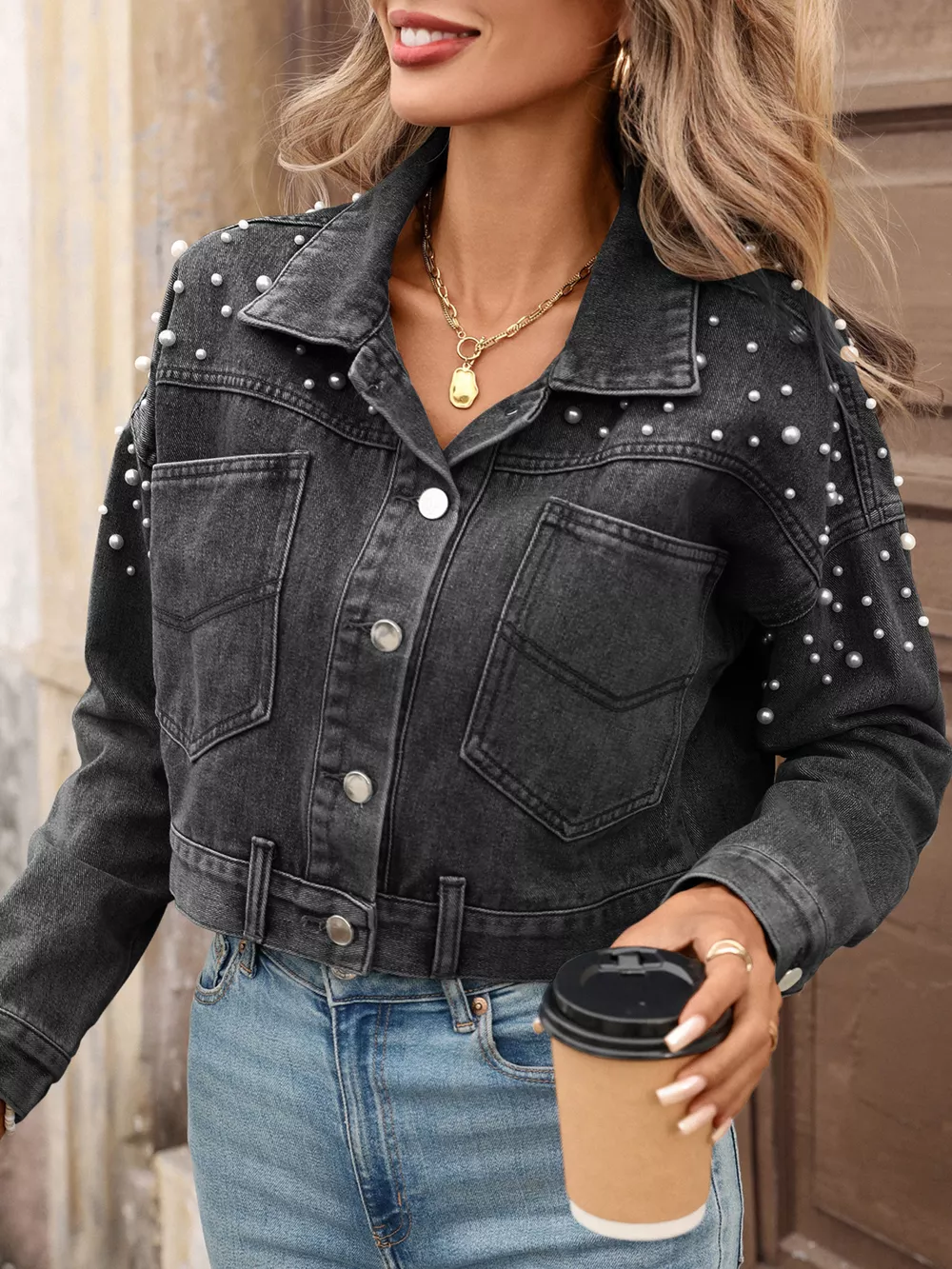 Pearl Embellished Cropped Denim Jacket, image 8