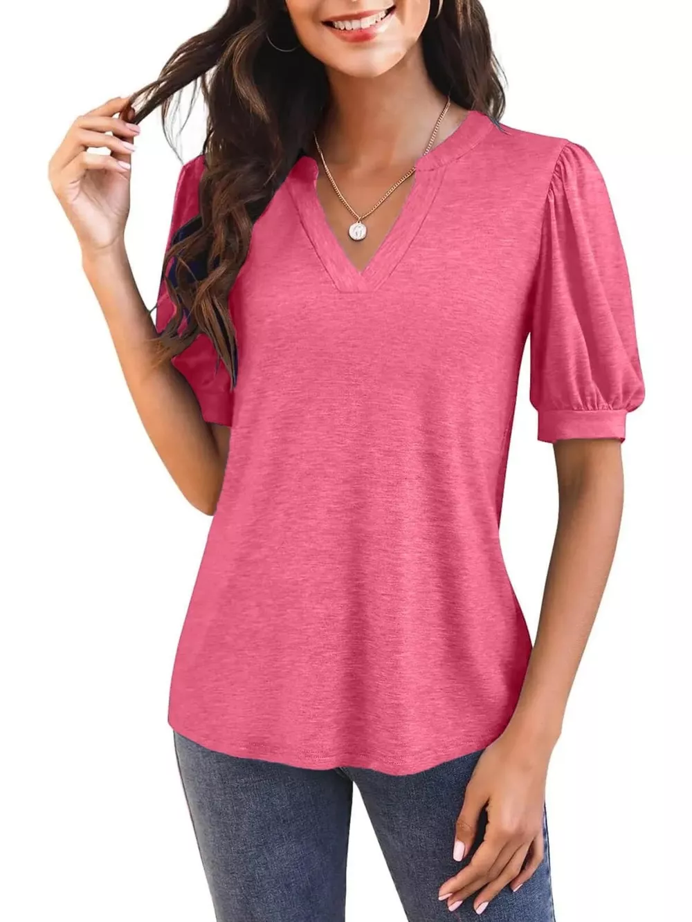 Puff Sleeve Notched Casual T-Shirt, image 13