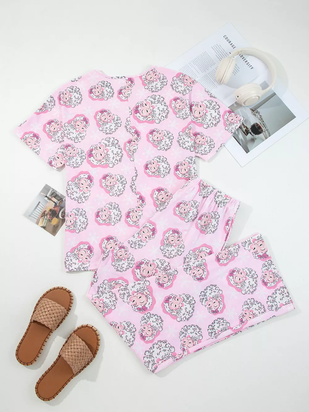 Santa Claus Print V Neck Tee Drawstring Pants 2pcs Lounge Set, image 3