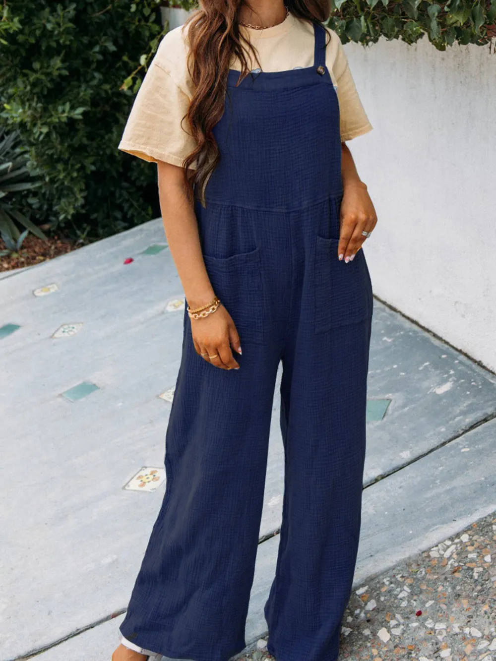 Full Size Casual Wide Leg Textured Overalls Plus Size, image 13
