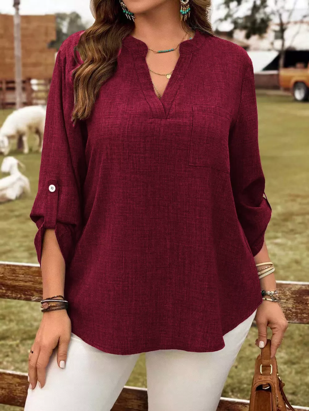 Plus Size Notched Roll-Tab Sleeve Casual Blouse, image 9