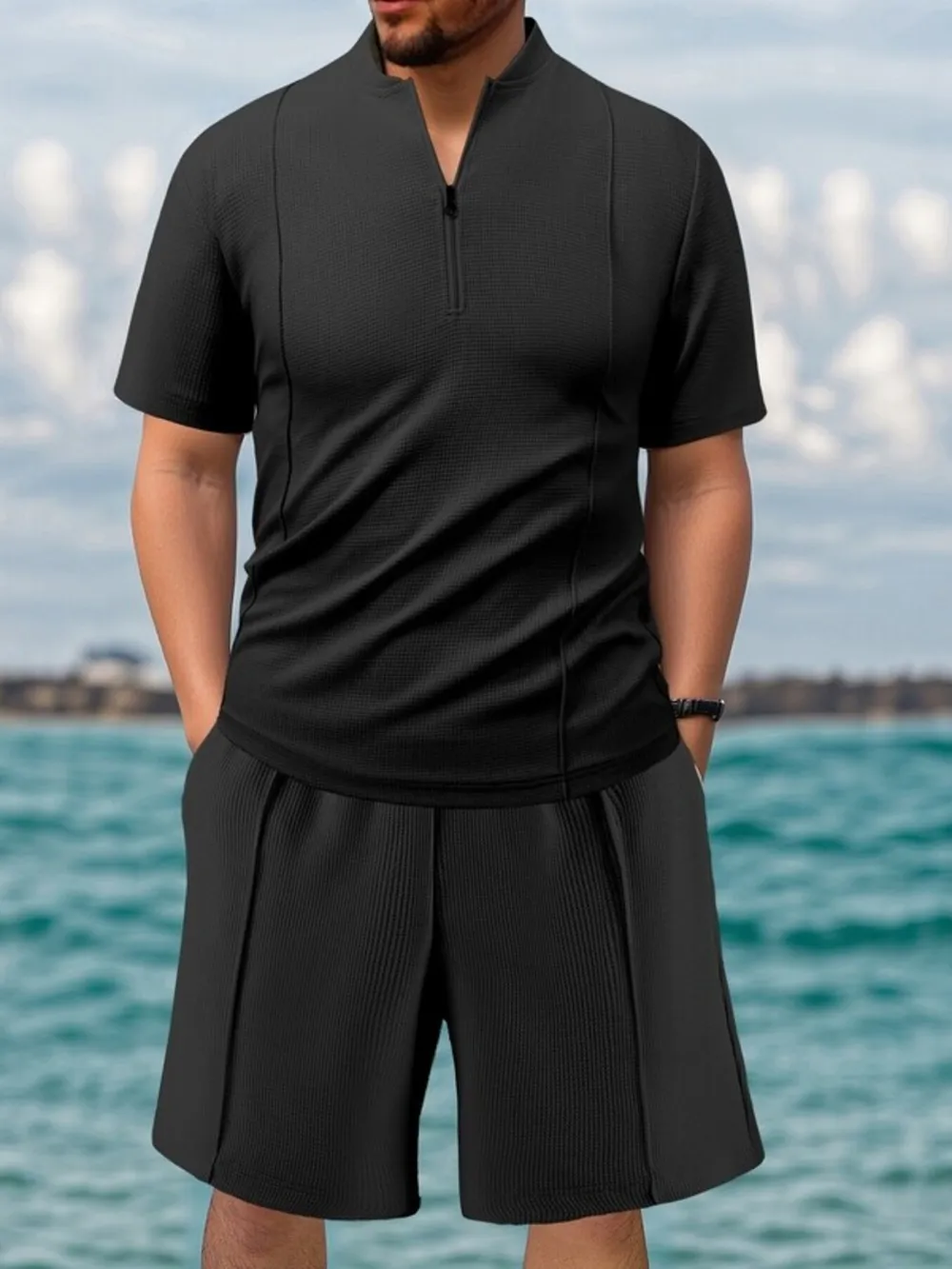 Men's Full Size Zip Front Short Sleeve Top and Shorts Set Plus Size, image 5