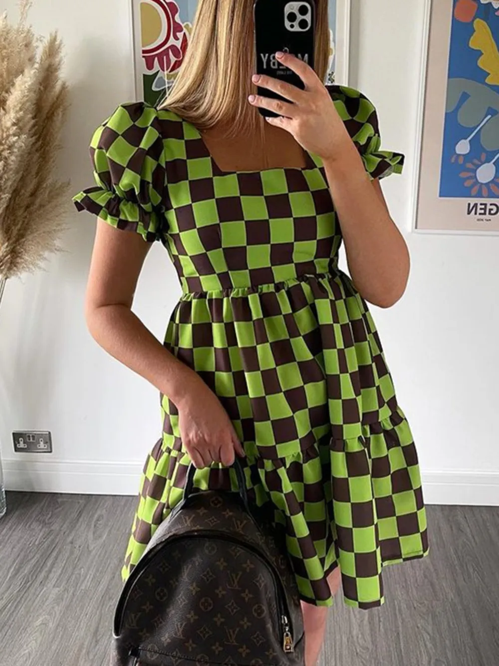 Checkered Short Sleeve Tiered Mini Dress, image 2