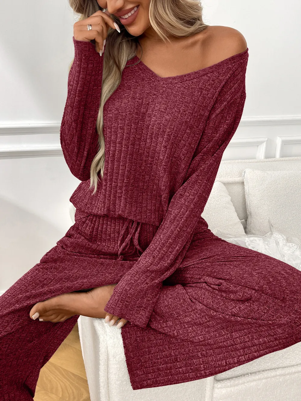 Ribbed Long Sleeve Top and Pants Lounge Set, image 20