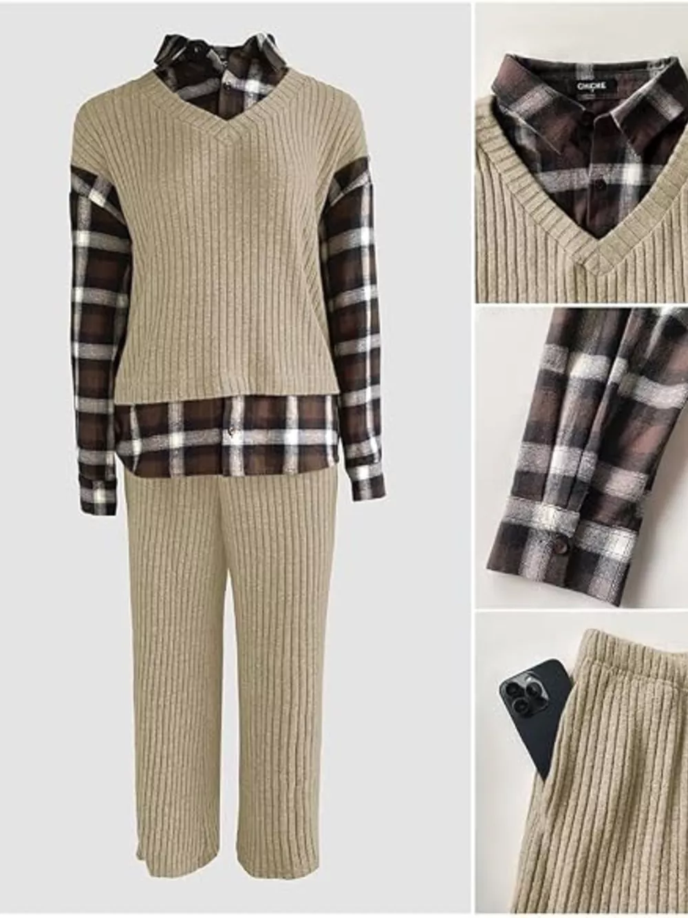 Ribbed Knit Plaid Sleeve Top & Pants Set, image 20