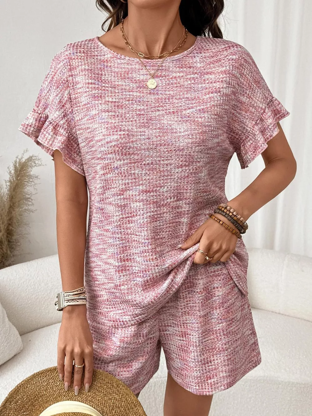Ruffle Sleeve Textured Top and Shorts Set, image 4