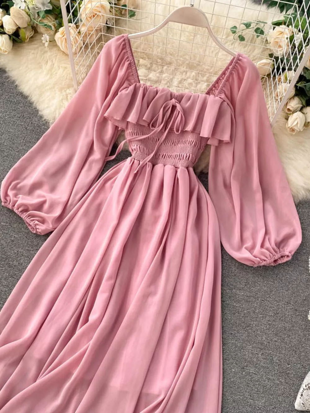 Ruffle Square Neck Balloon Sleeve A-Line Dress, image 22
