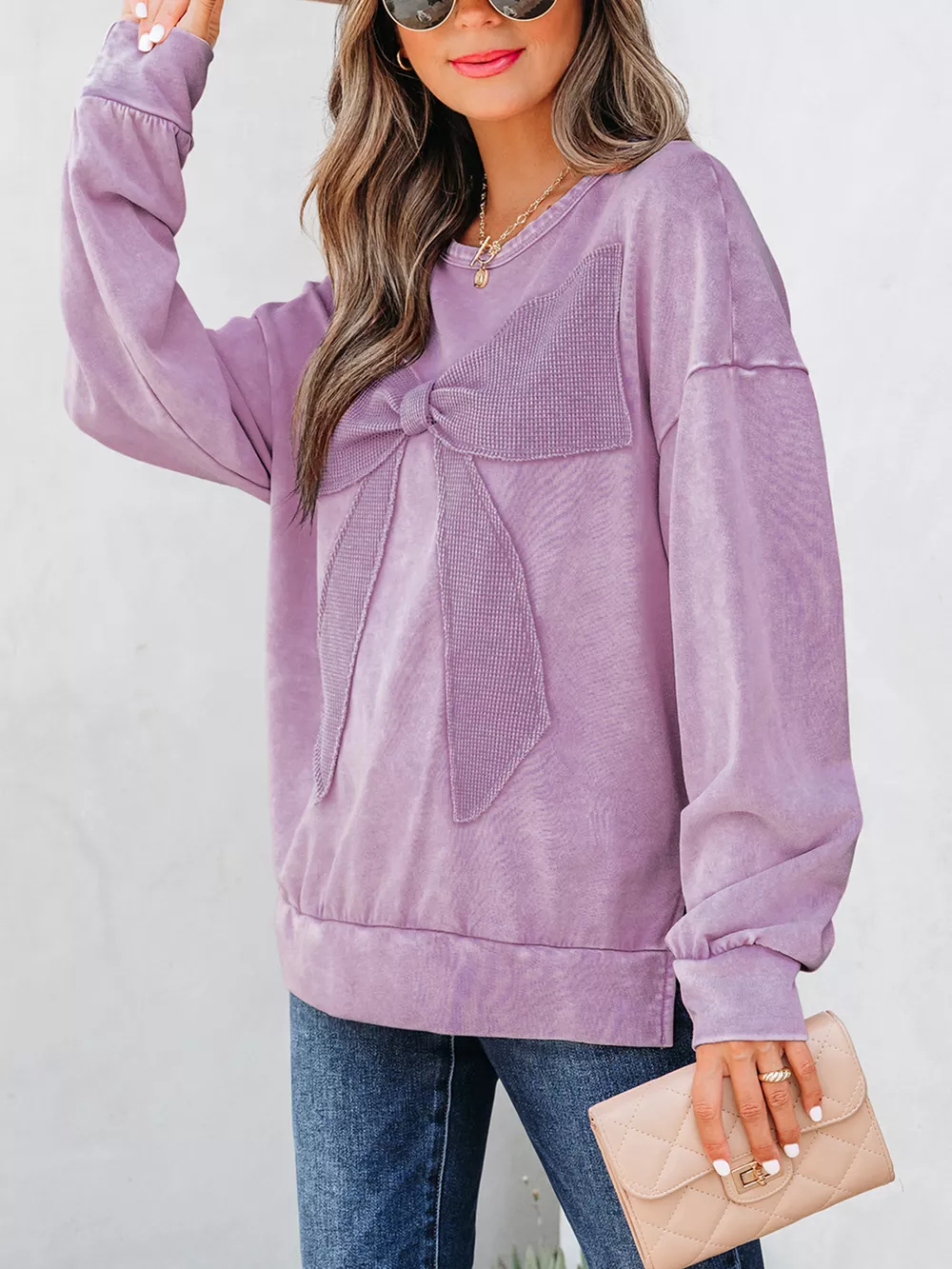 Mineral Wash Bow Patchwork Sweatshirt, image 7