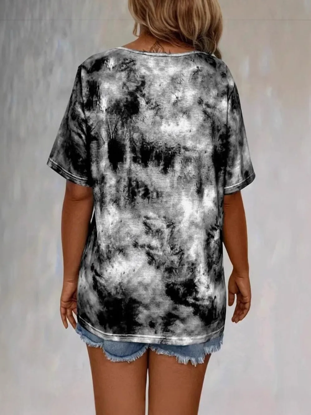 Tie Dye Lace-Up V-Neck Casual T-Shirt, image 2