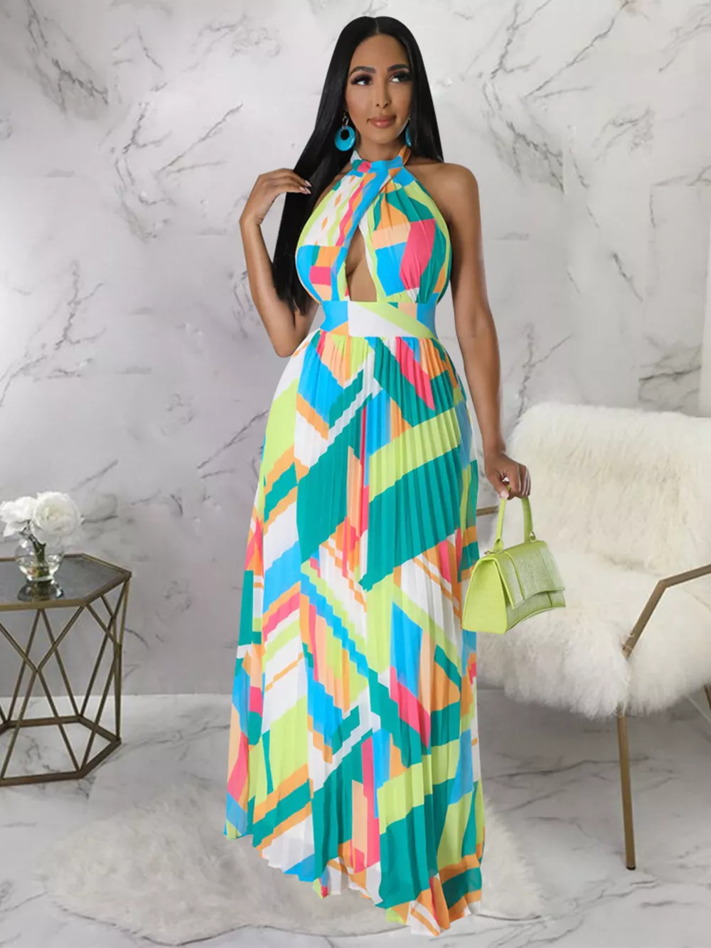 Halter Neck Geometric Print Pleated Maxi Dress, image 8