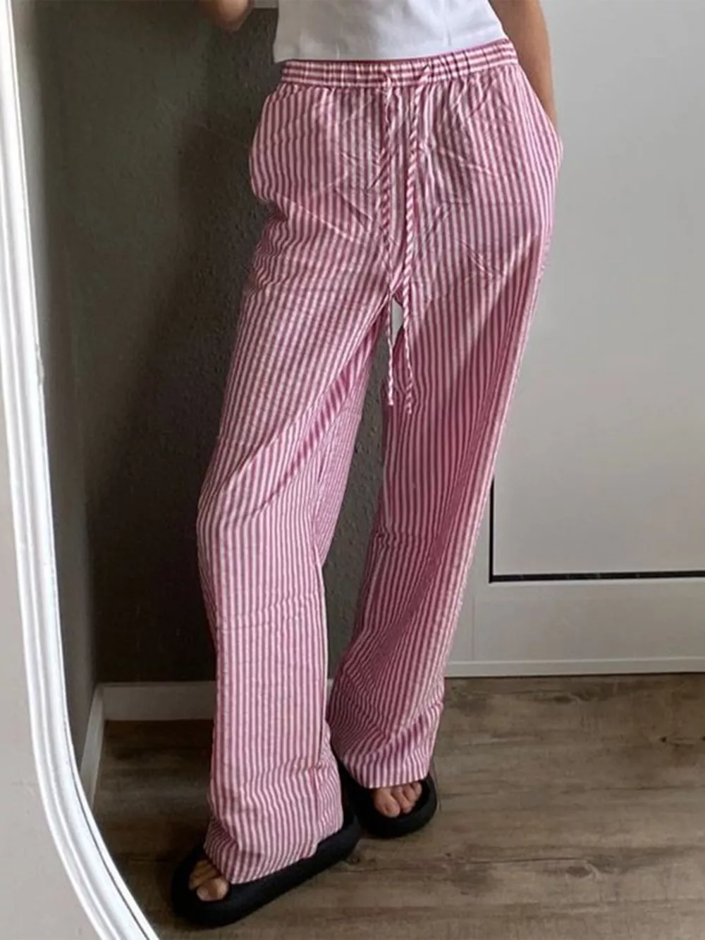 Striped High-Waisted Drawstring Casual Pants, image 2