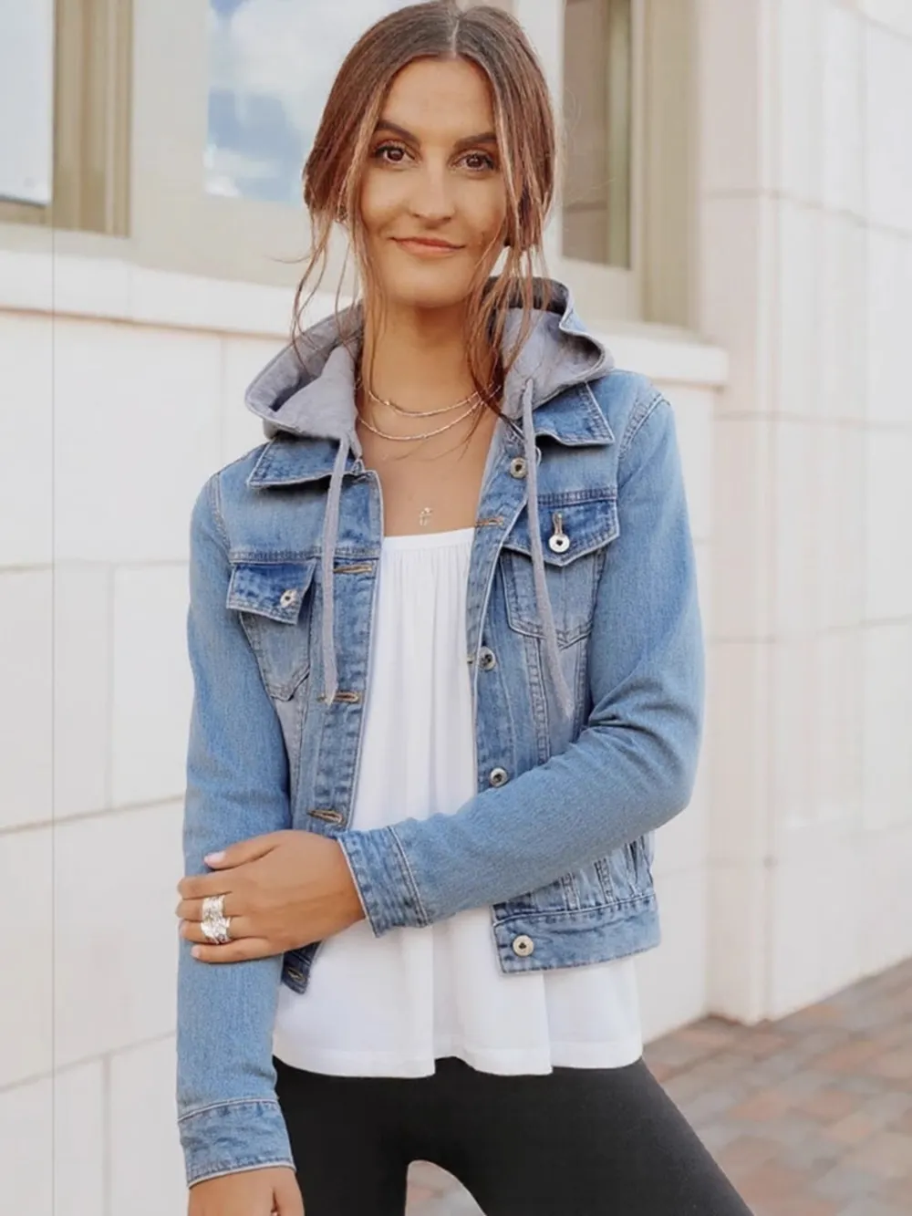 Full Size Button Up Drawstring Hooded Denim Jacket Plus Size, image 6