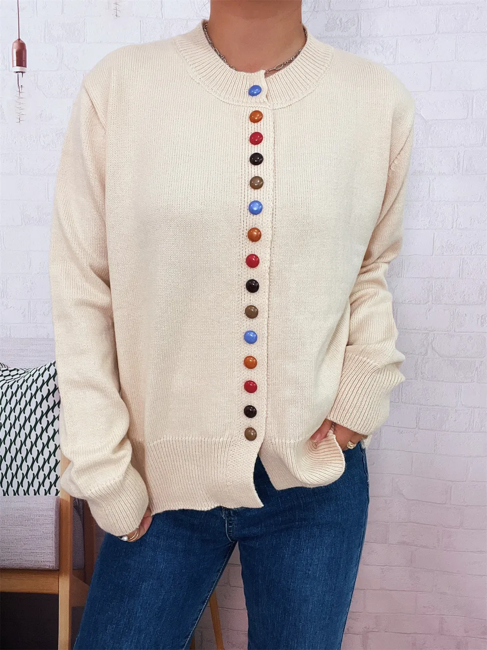 Button-Front Cardigan with Colorful Detail Buttons, image 9