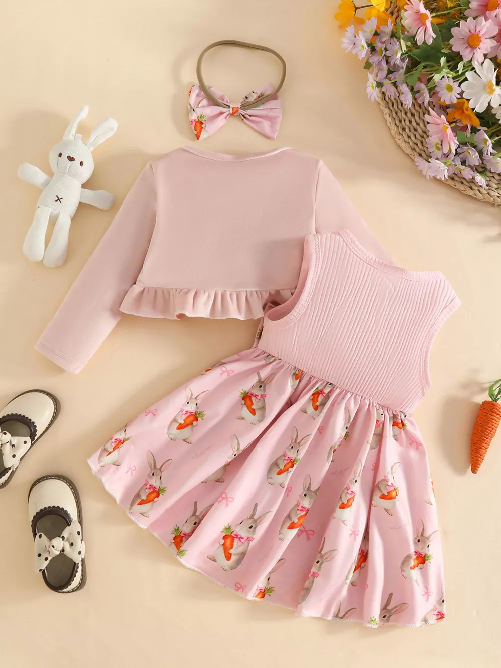 Children's Ruffled Cardigan and Bow Dress Set with Headband, image 10