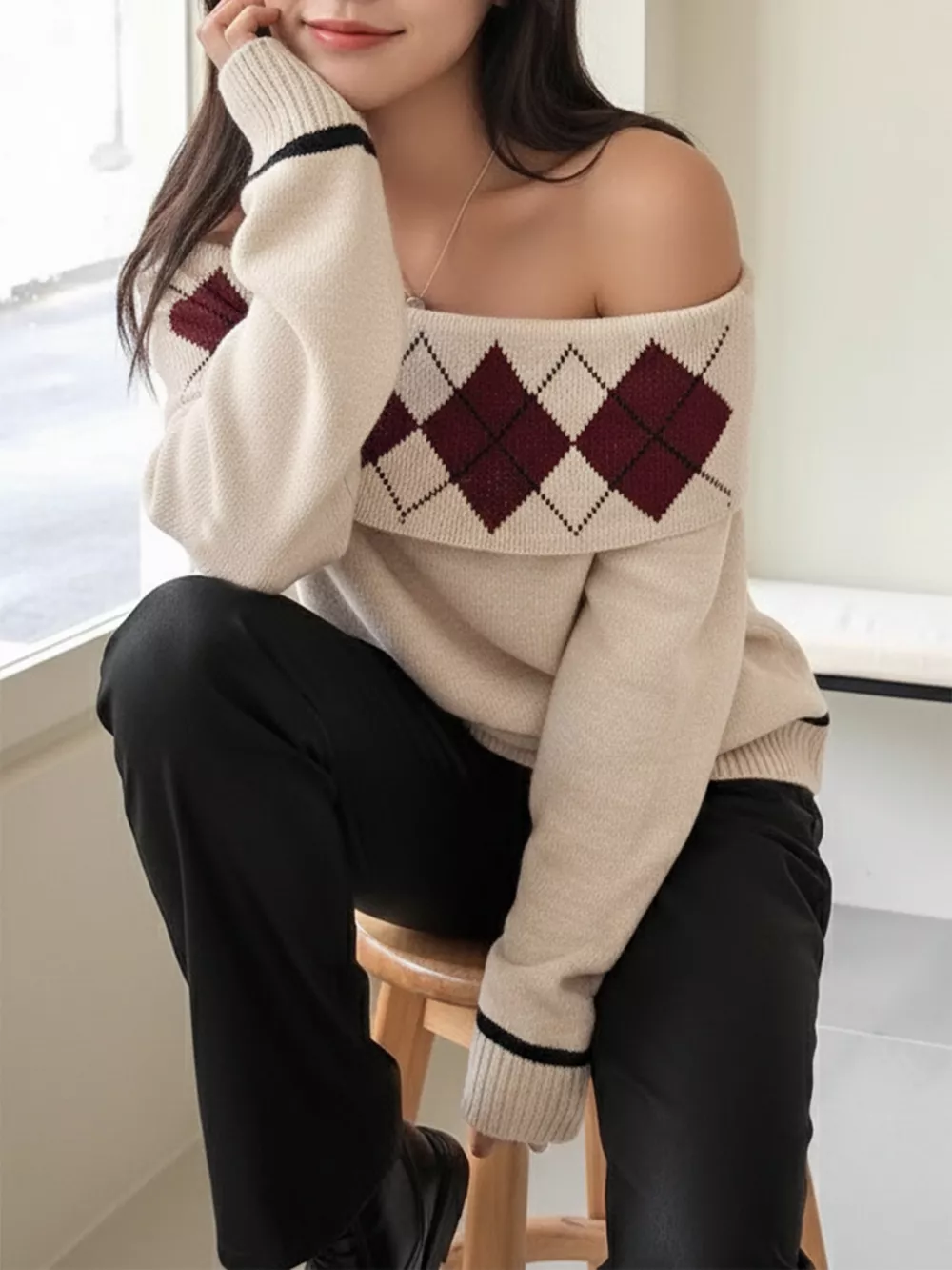 Off-Shoulder Argyle Pattern Sweater, image 5