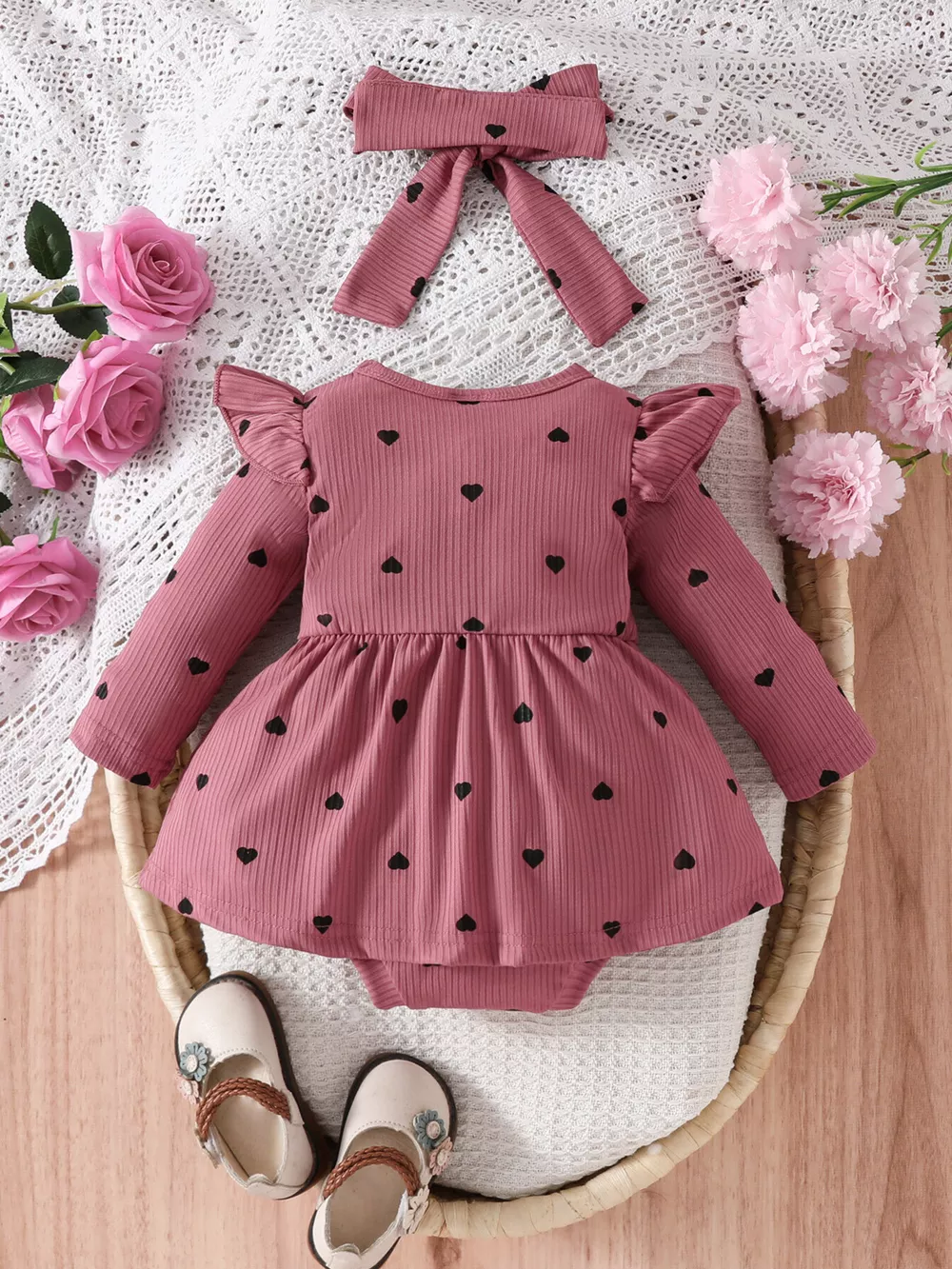 Children's Heart Print Ruffle Trim Bodysuit Dress with Headband, image 18