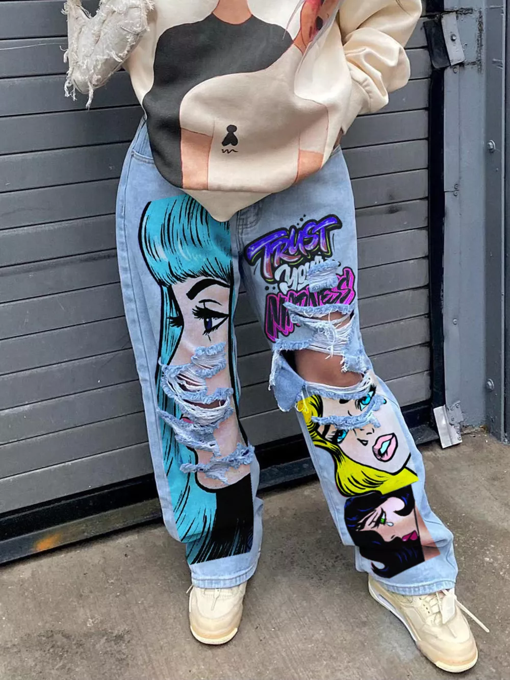 Full Size Pop Art Graphic Distressed Wide-Leg Jeans Plus Size, image 2