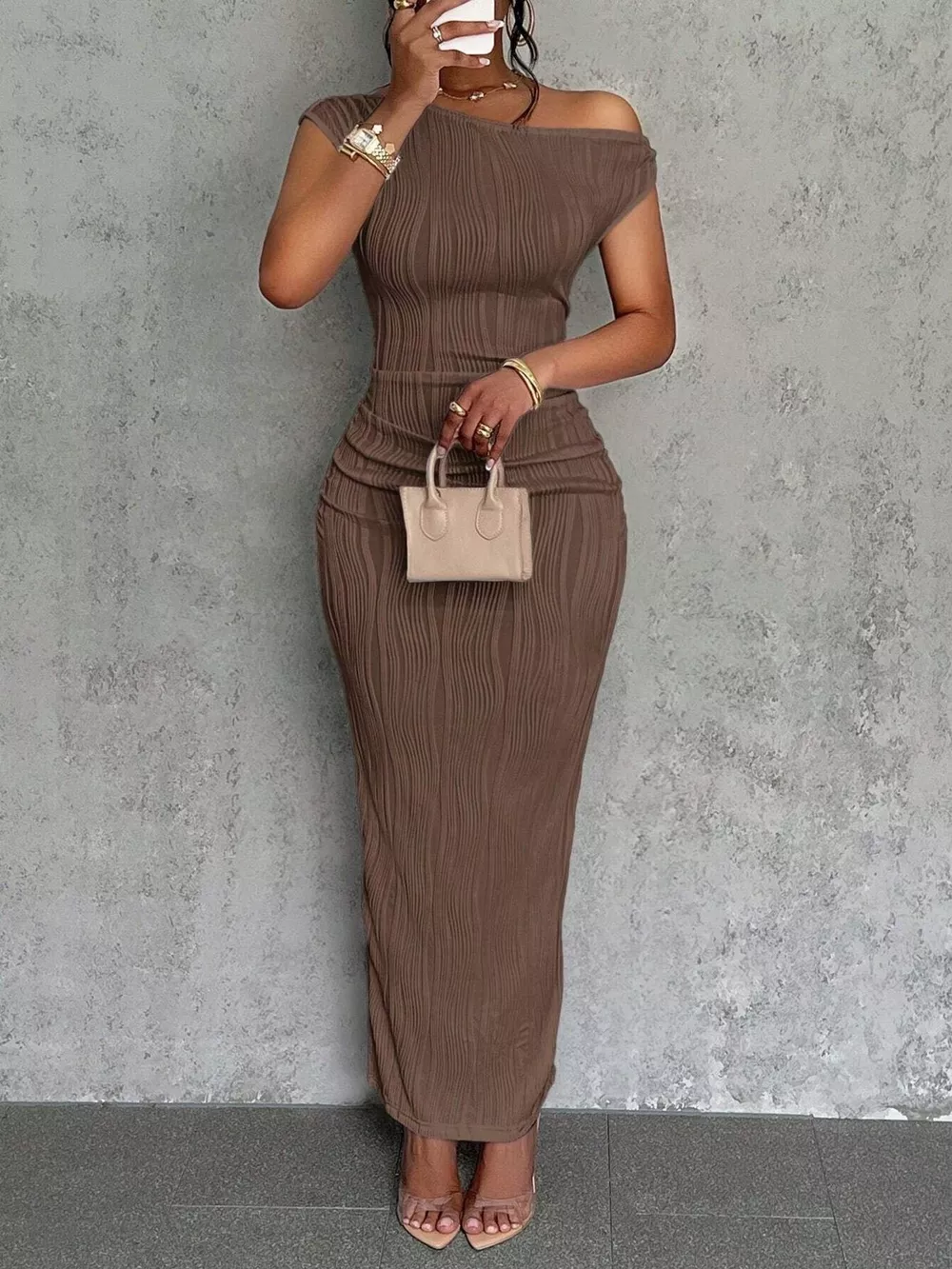 One-Shoulder Textured Maxi Dress, image 6