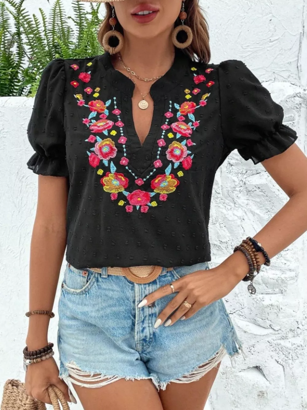 Floral Embroidered Puff Sleeve Blouse, image 12