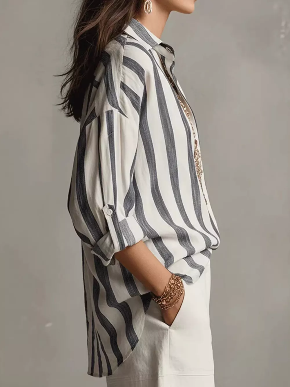 Full Size Oversized Striped Long Sleeve Shirt Plus Size, image 4