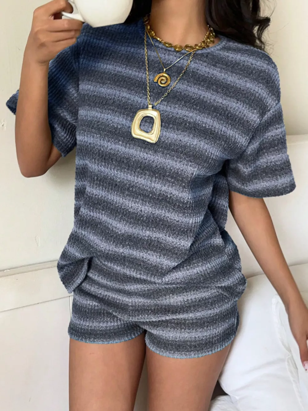 Striped Textured Knit Top and Shorts Set, image 9