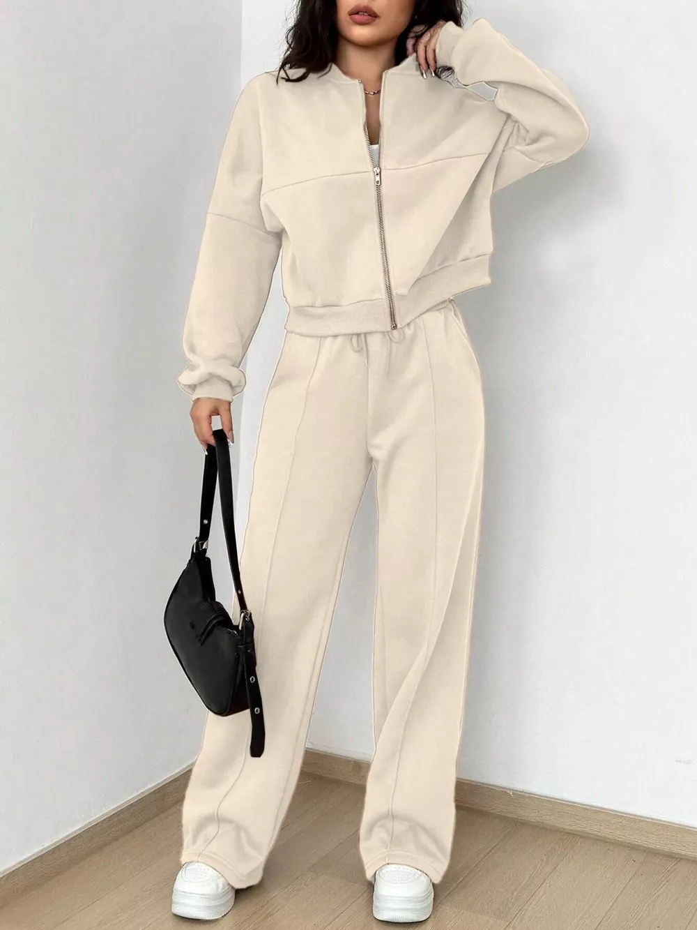 Casual Solid Color Zipper Jacket and Wide Leg Pants Set, image 4