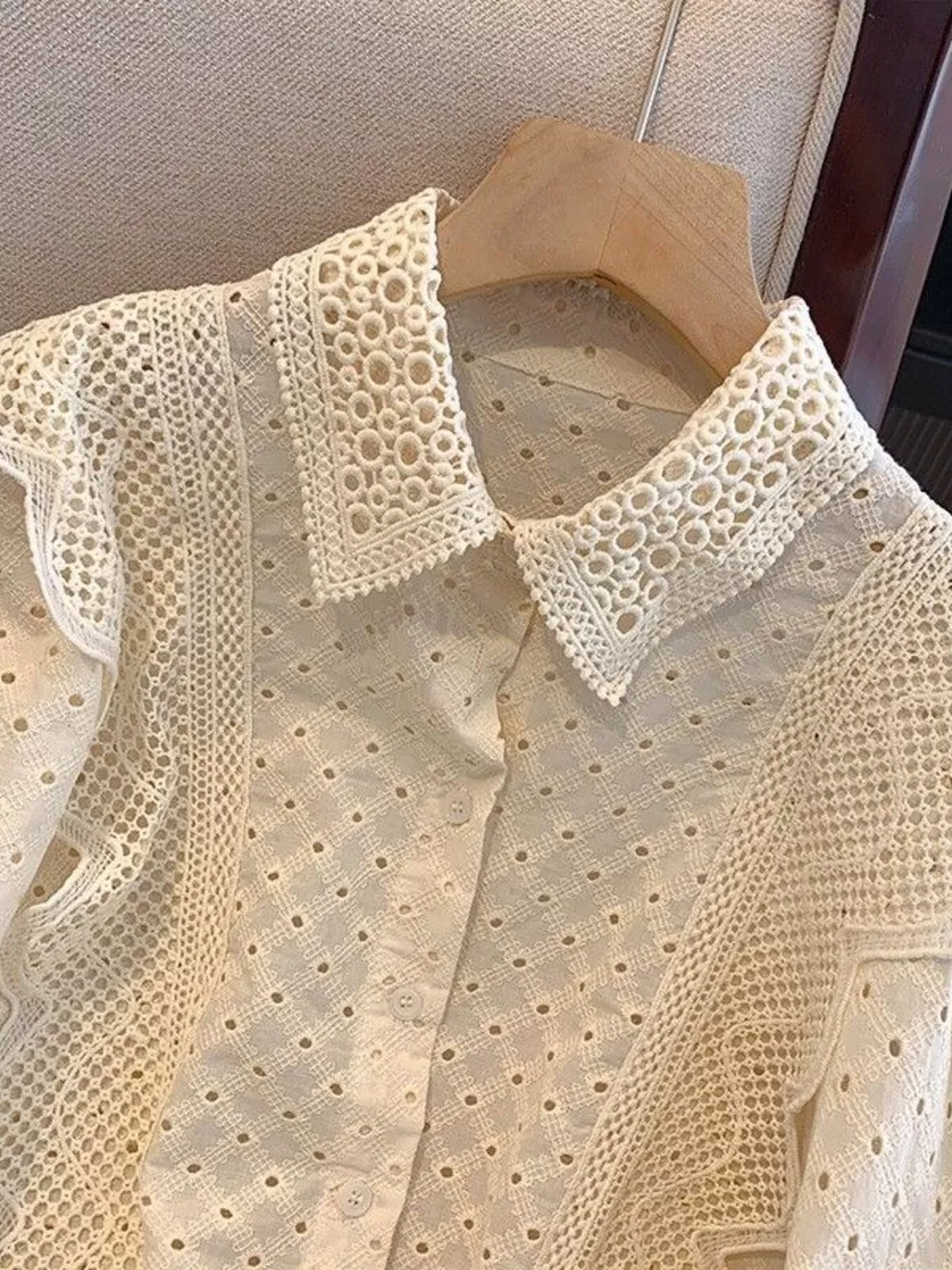 Eyelet Button-Up Shirt with Scalloped Hem, image 7