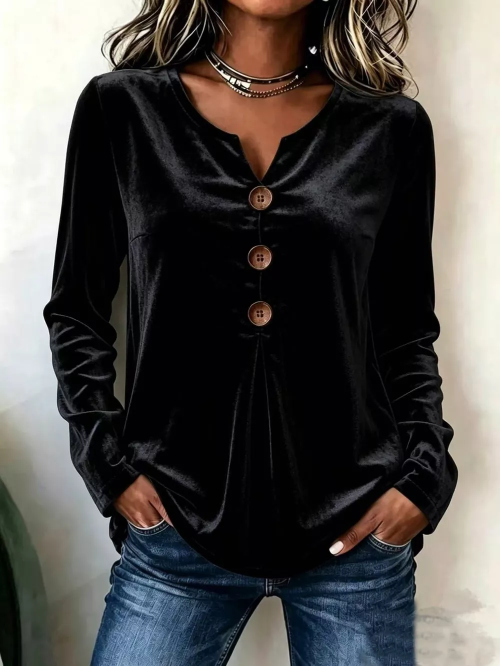 Elegant Velvet V-Neck Long Sleeve Button-Decor Blouse, image 2