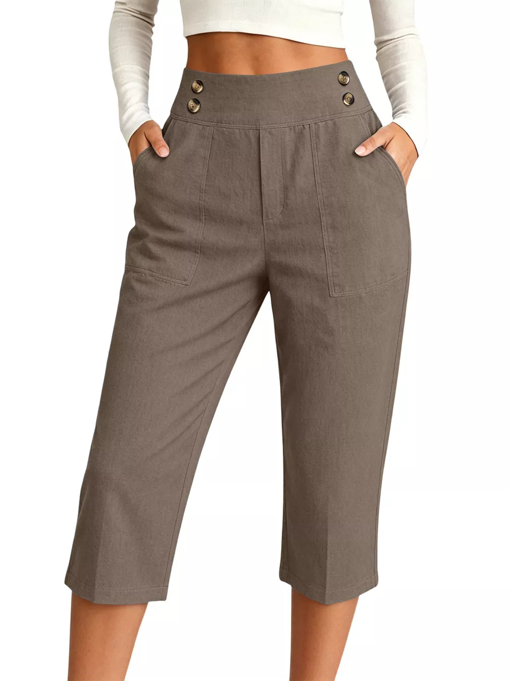 Full Size High-Waisted Button-Detail Cropped Pants Plus Size, image 23