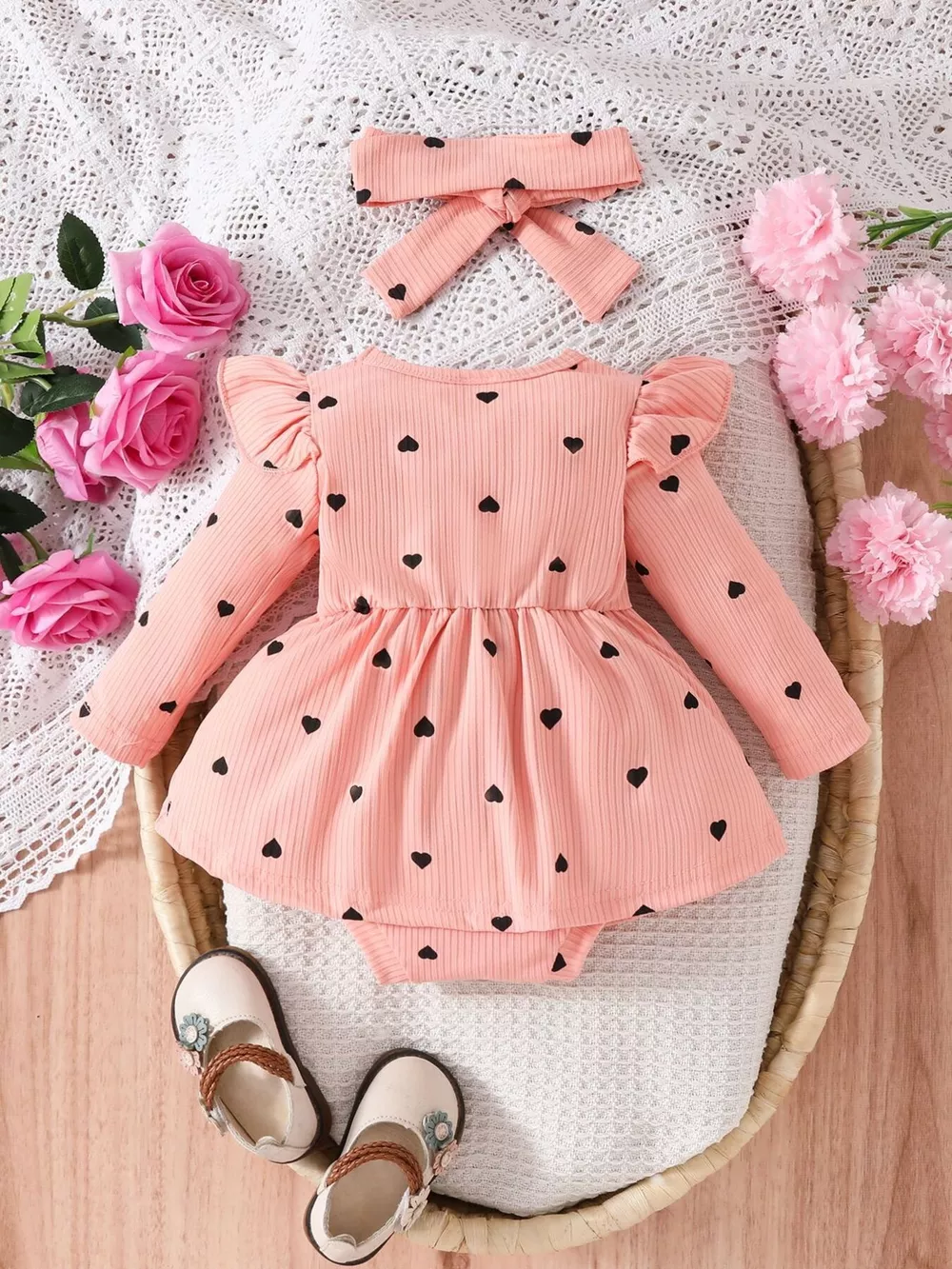 Children's Heart Print Ruffle Trim Bodysuit Dress with Headband, image 2
