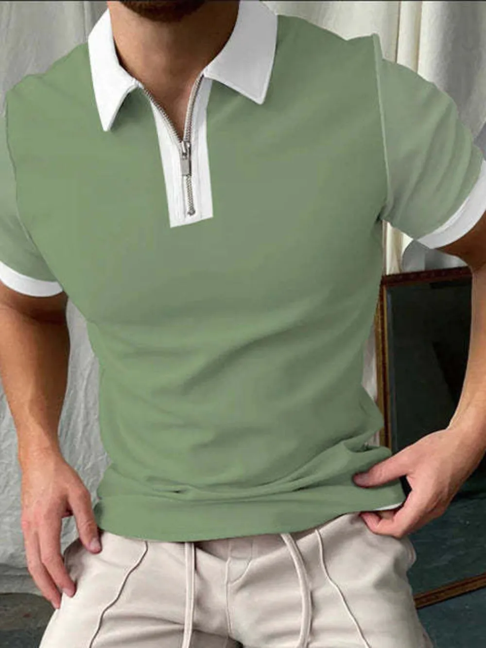 Men's Full Size Contrast Stripe Zipper Polo Plus Size, image 3
