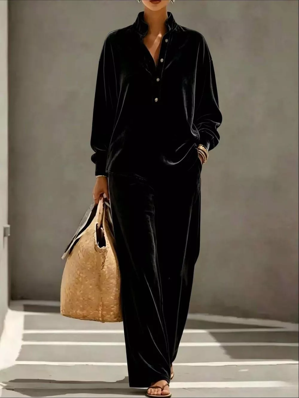 Full Size Half Button Top and Wide Leg Pants Set Plus Size, image 9