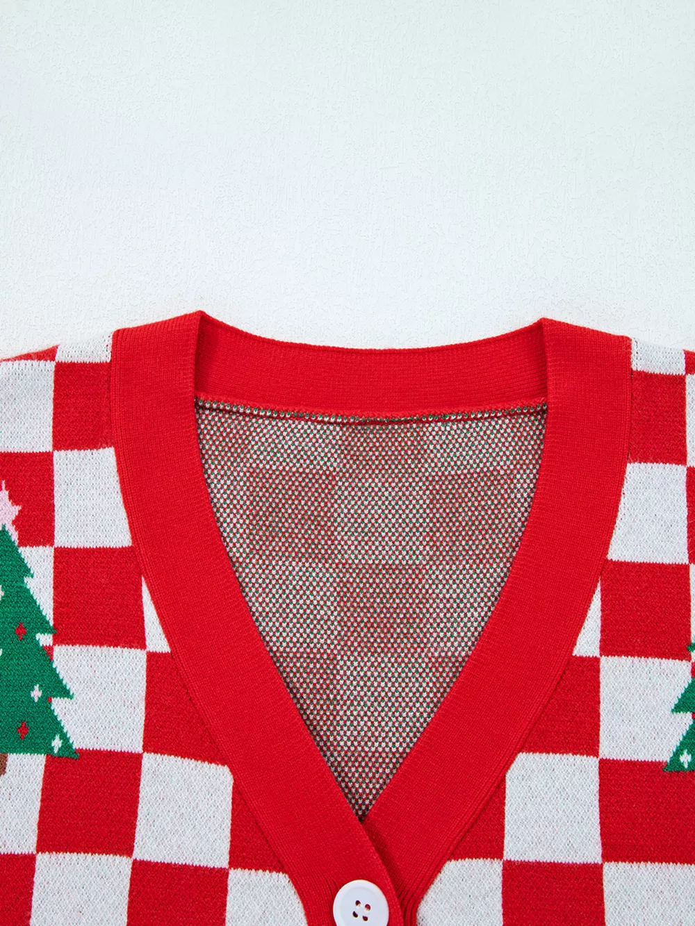 Christmas Tree Pattern Checkered Button V Neck Cardigan, image 14