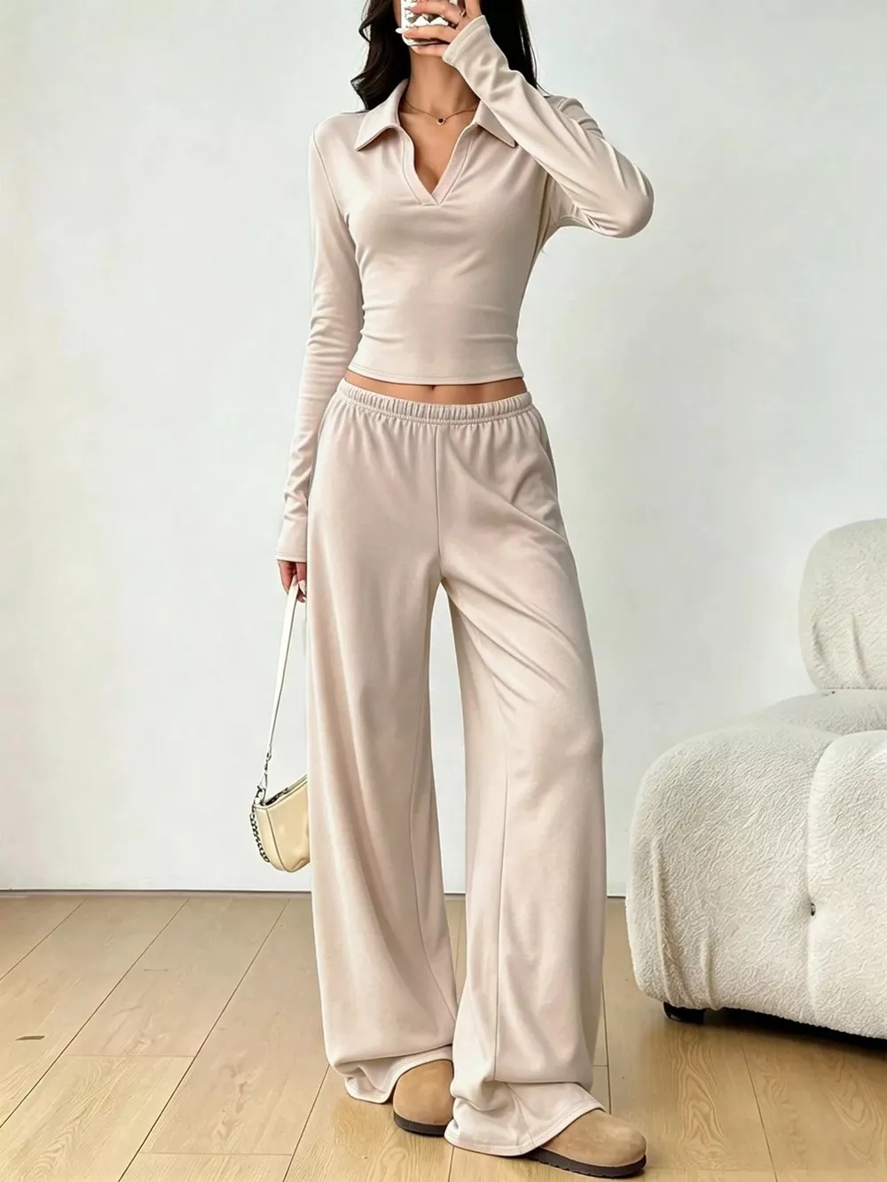 Solid Color Long Sleeve Polo Collar Top and Wide Leg Pants Set