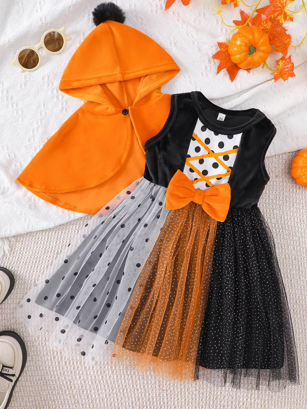 Children's Halloween Pumpkin Hooded Cape and Polka Dot Tulle Dress Set