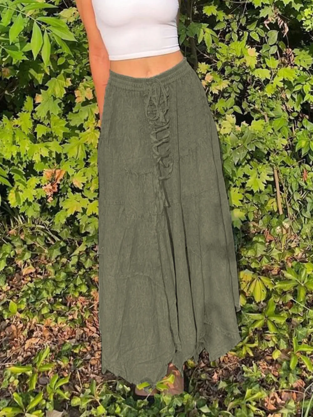 Asymmetrical Hem Midi Skirt with Drawstring Waist, image 5