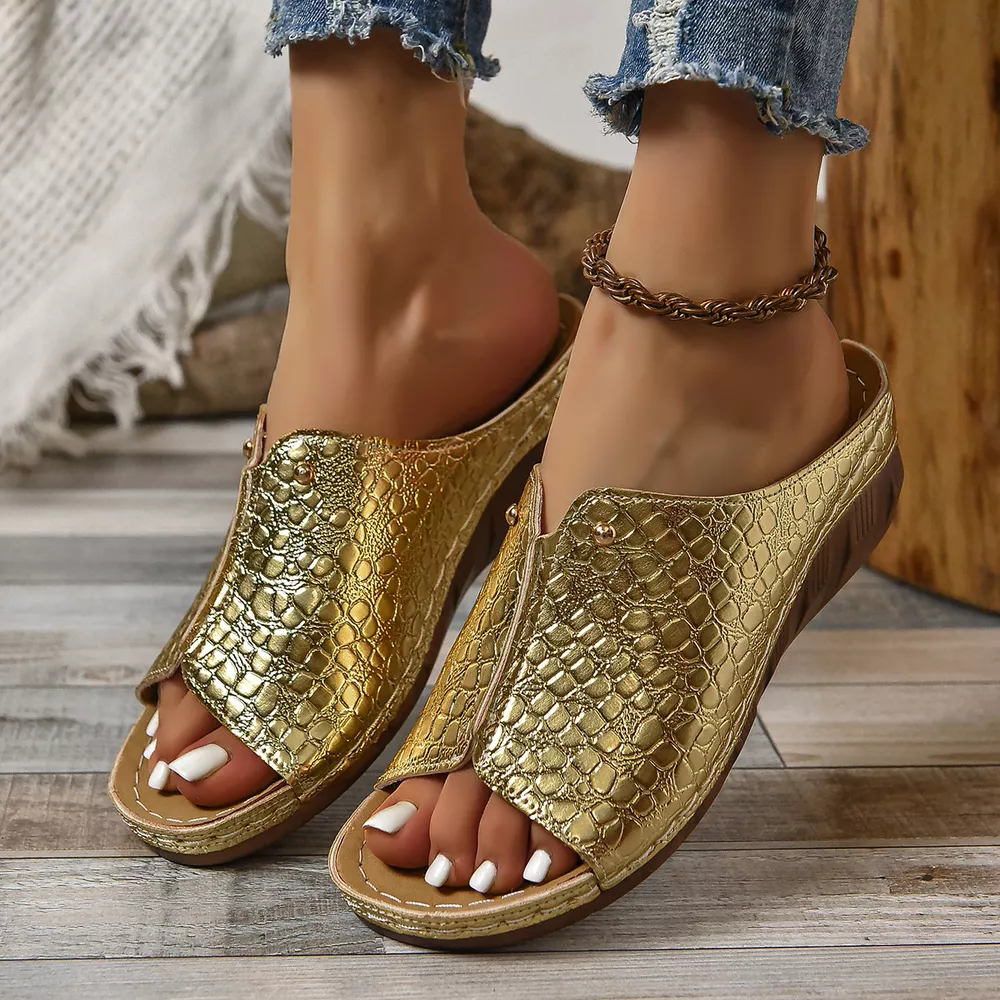 Crocodile-Embossed Wedge Sandals, image 10