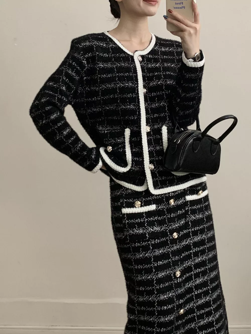 Tweed Contrast Trim Jacket and Skirt Set, image 2