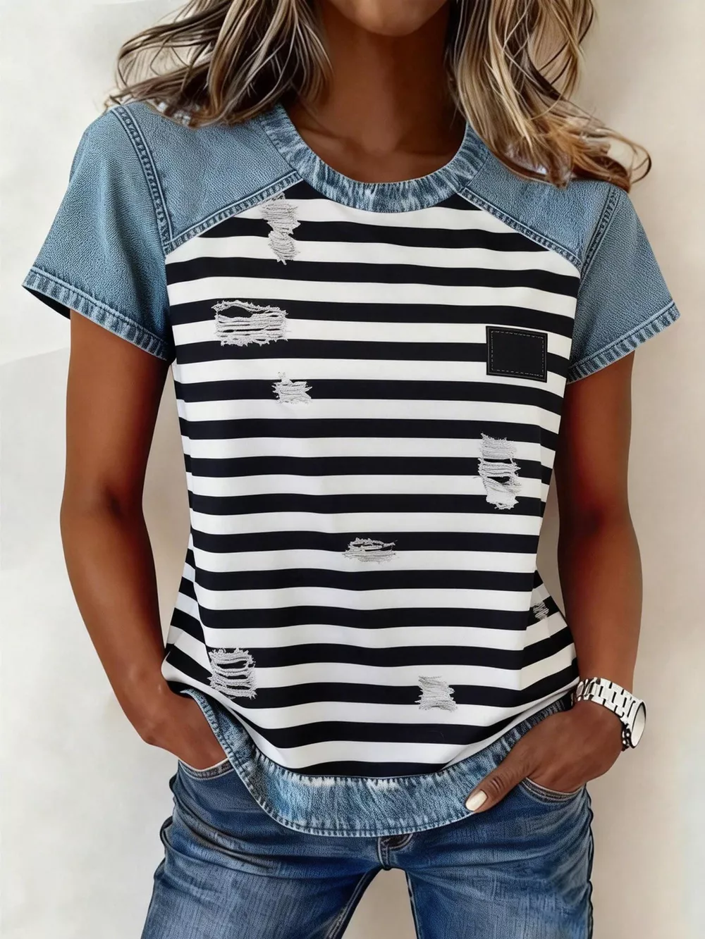 Denim Patchwork Short Sleeve Blouse, image 11