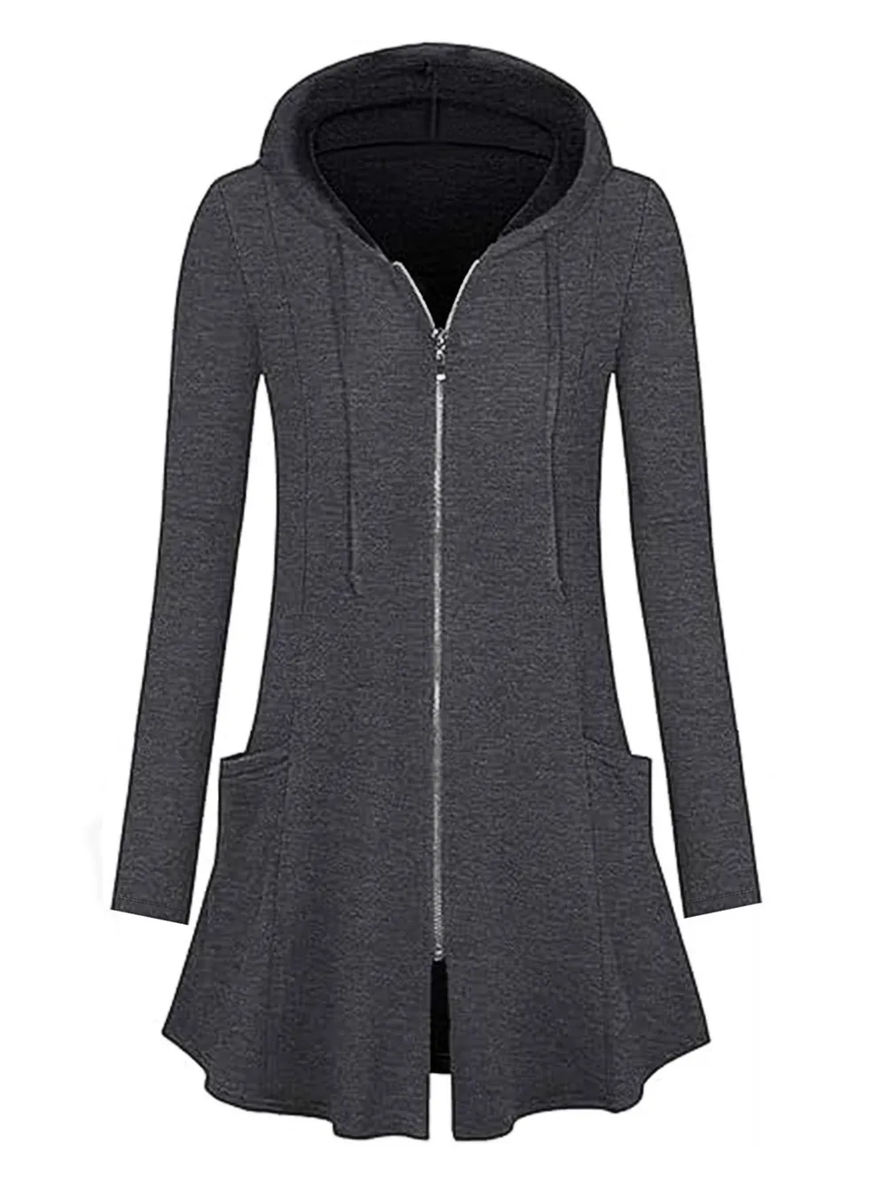 Longline Hooded Zip-Up Cardigan Coat with Flared Hem