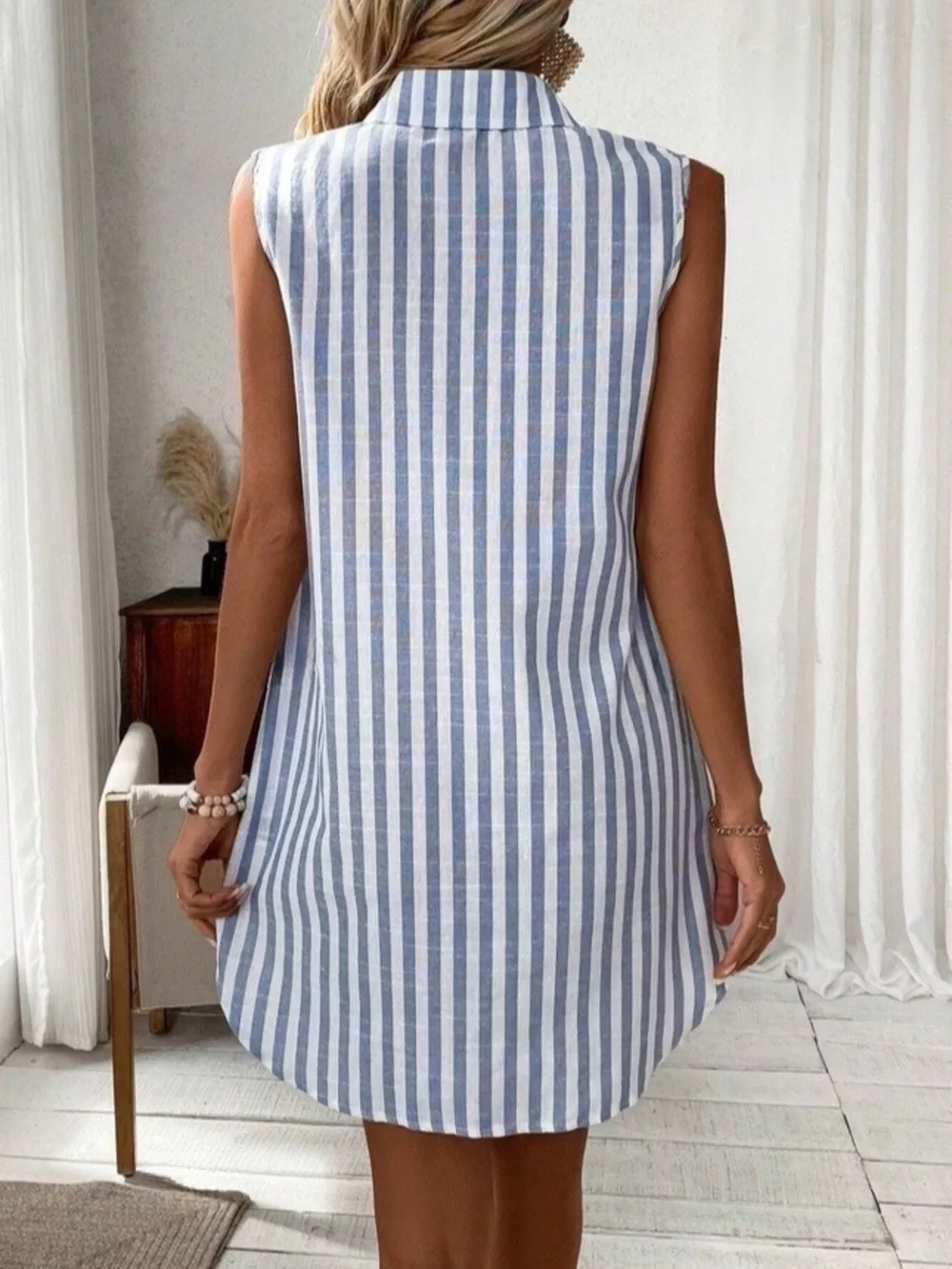 Sleeveless Striped Button Detail Shirt Dress, image 5