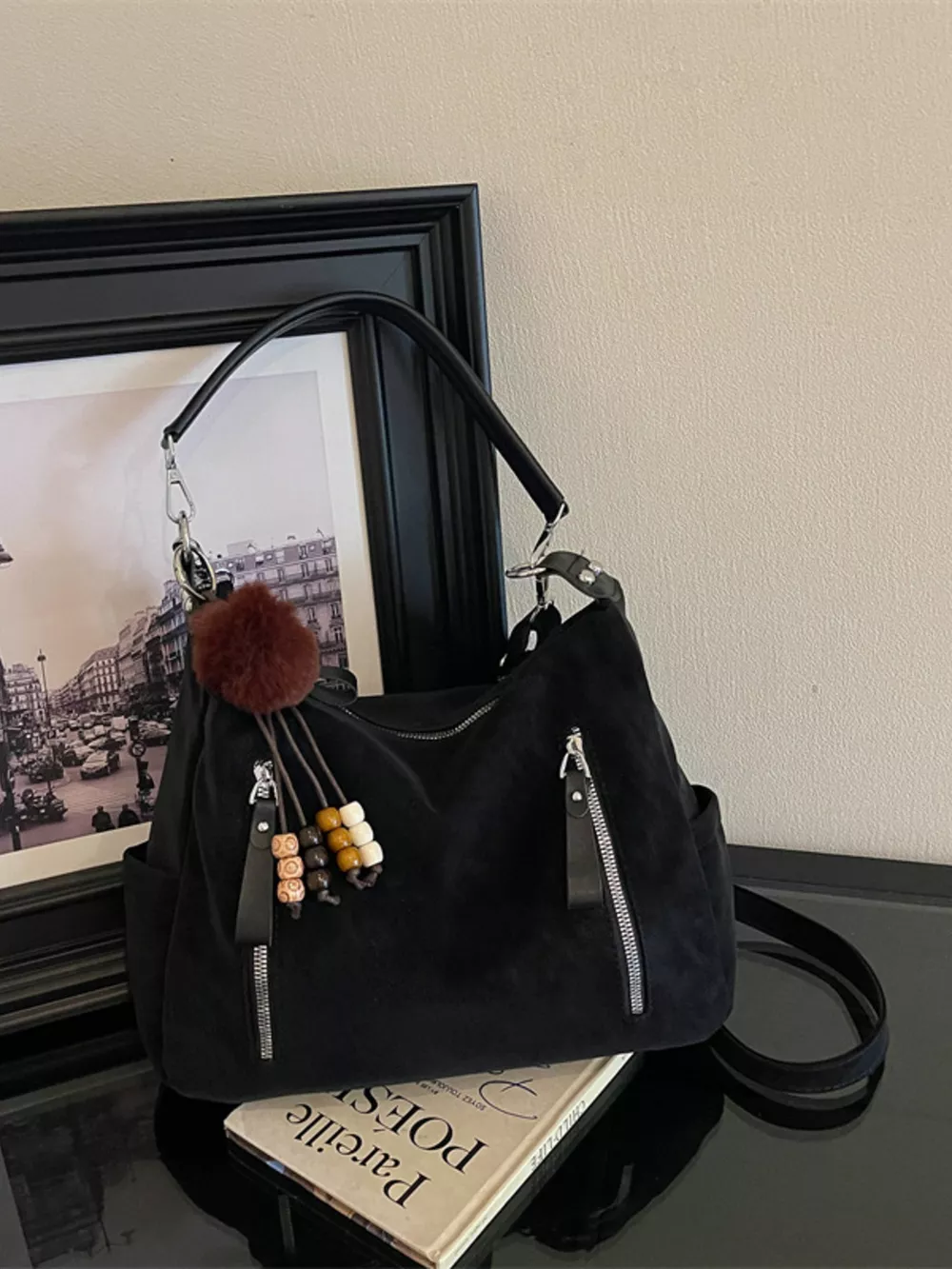 Decorative Pom-Pom and Bead Charm Shoulder Bag, image 2