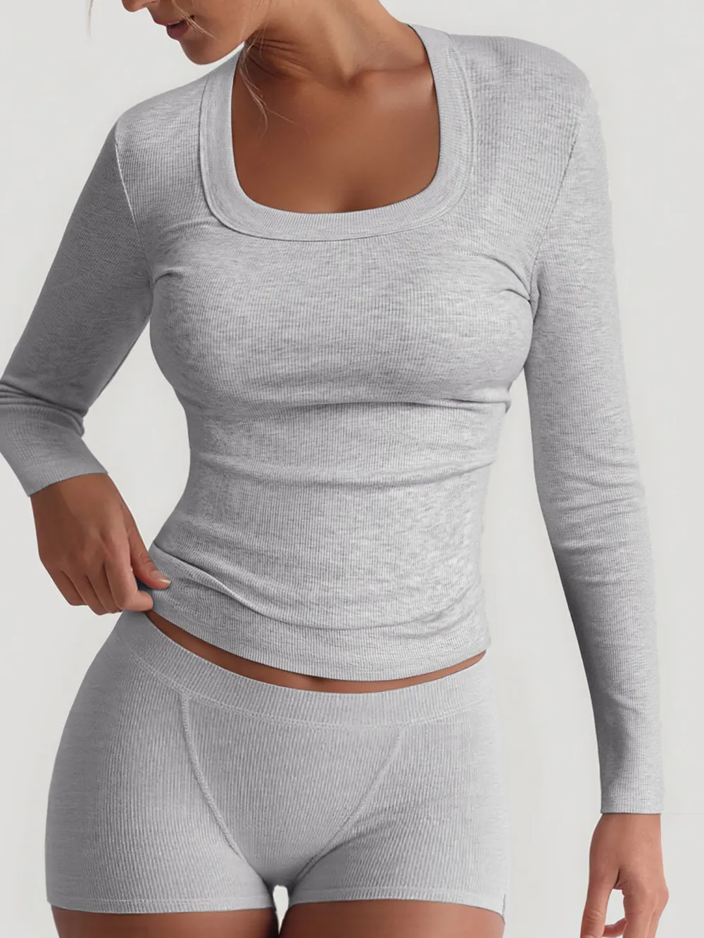 Square Neck Long Sleeve Top and Shorts Set, image 2