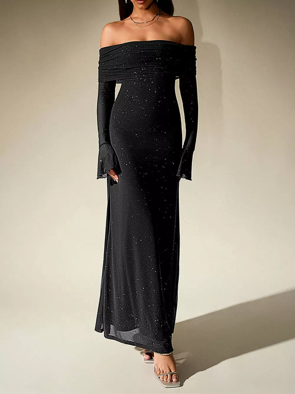 Glitter Off-Shoulder Maxi Dress