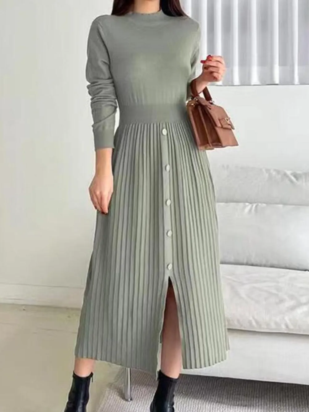 Slit Front Mock Neck Long Sleeve Knit Dress, image 11