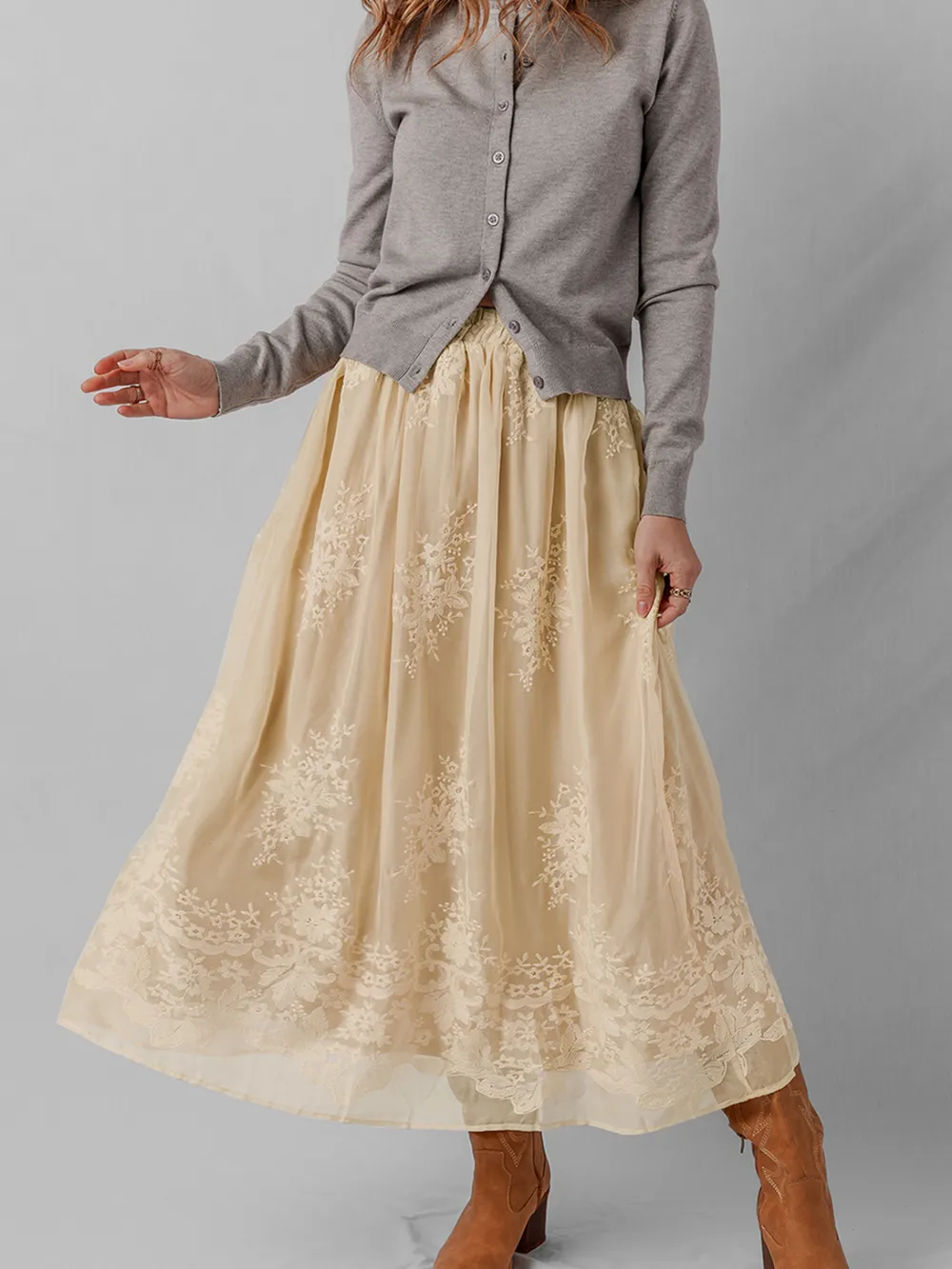 Embroidered Mesh Overlay Flowy Midi Skirt