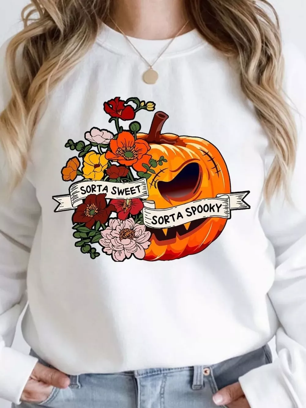 Halloween Pumpkin Floral Round Neck Sweatshirt, image 4