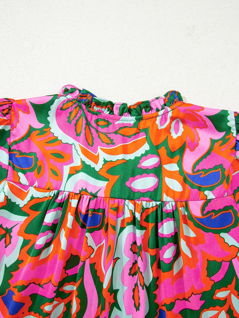 Tropical Print Short Sleeve Tie Neck Blouse, image 8