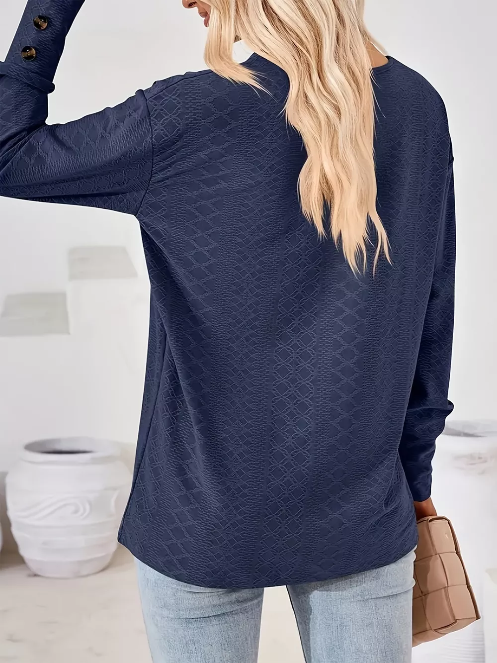 Plus Size V-Neck Textured Long Sleeve T-Shirt, image 6