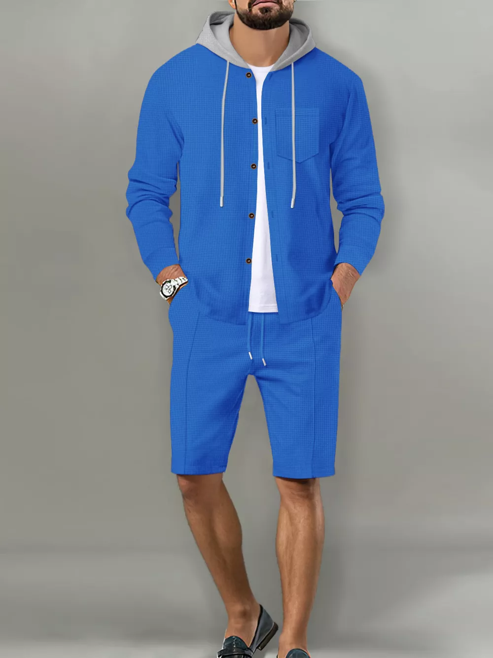 Men's Full Size Casual Hooded Button-Up Top and Shorts Set Plus Size, image 14
